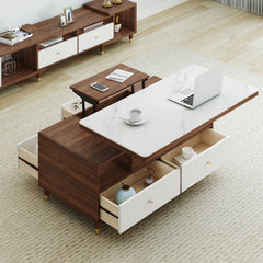 Elegant Solid Wood Tea Table with Ceramic Top - Brown, White & Black hx-1569