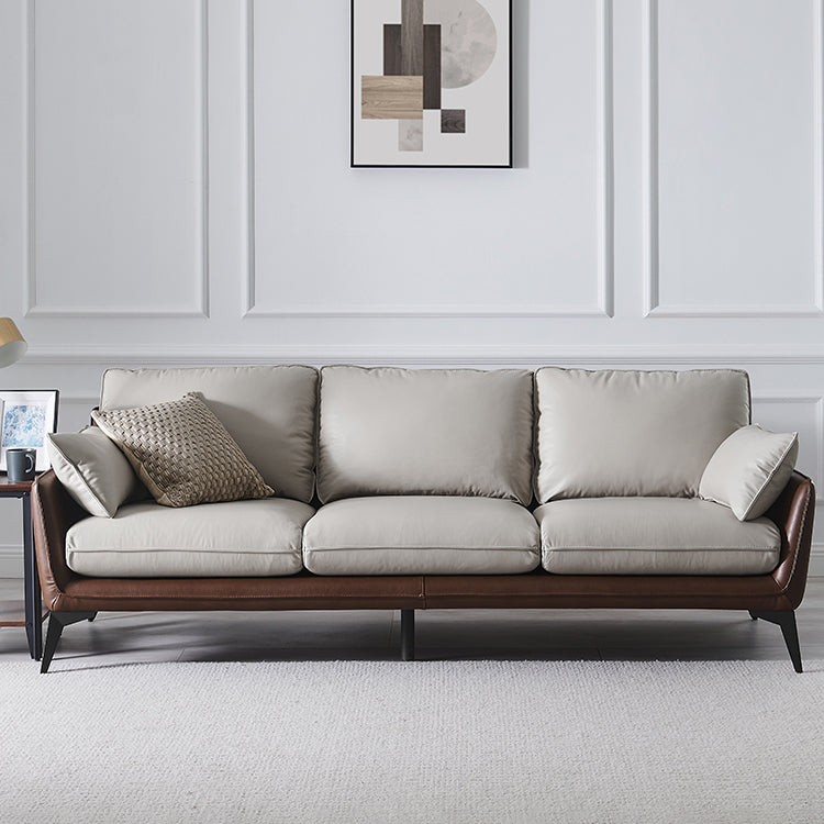 Modern Camel Brown Faux Leather Sofa with Light Gray Cotton Cushions and Birch Wood Frame hxcyj-1336