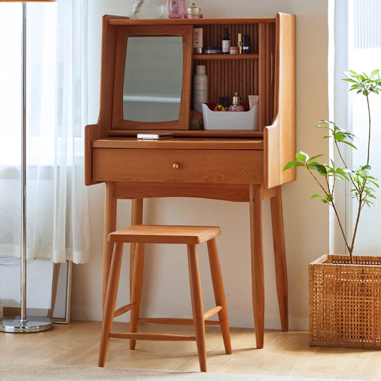Elegant Cherry Wood Makeup Table with Copper Accents & Glass Top hykmq-752
