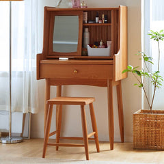 Elegant Cherry Wood Makeup Table with Copper Accents & Glass Top hykmq-752