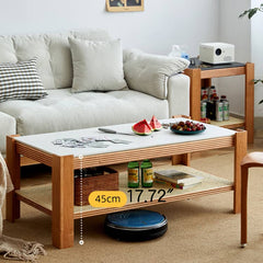 Sleek Tea Table Collection: Cherry Wood, Red Oak & Black Walnut with Marble or Tempered Glass Tops and Rattan Accents hykmq-791