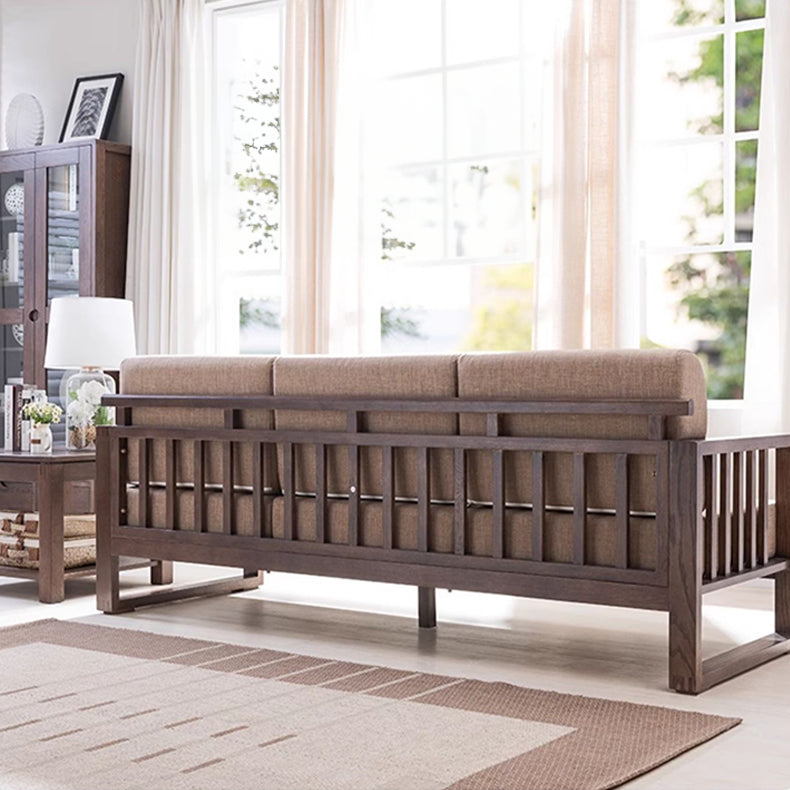 Stylish Dark Brown Sofa with Natural Oak Wood Accents in Grey, Beige, Pink, Yellow, and Light Blue Options hym-1531