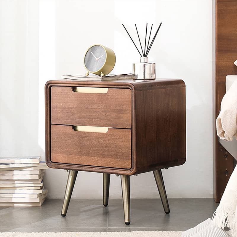 Stylish Bedside Cupboard - Brown Tung Wood & Metal Finish hym-489