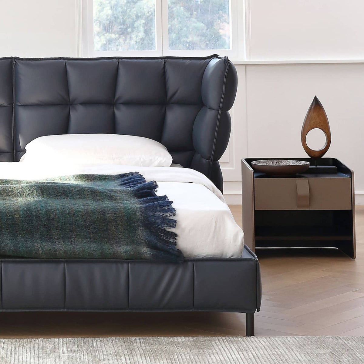 Luxurious Black Pine Bed with Leather Upholstery and Silk Floss Comfort my-381