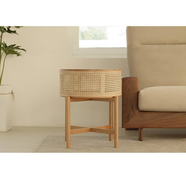Stylish Natural Oak Wood Tea Table with Rattan Accents tzm-528