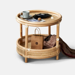 Natural Wood Tea Table with Rattan Accents and Glass Top – Elegant and Durable tzm-529