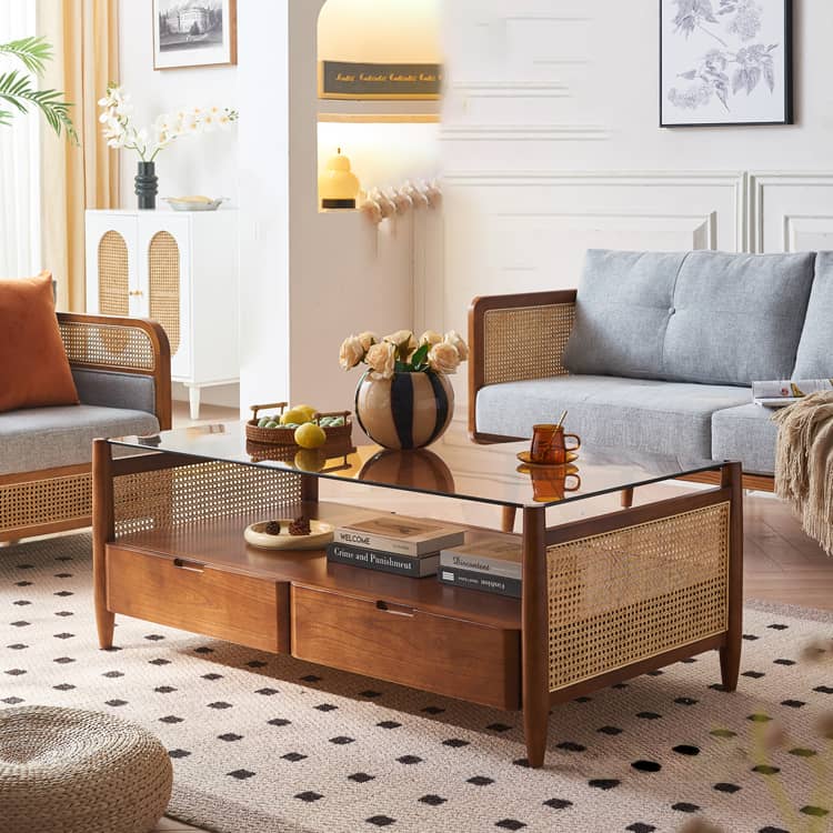 Stylish Brown Rattan Tea Table with Elegant Ash Wood Finish tzm-532