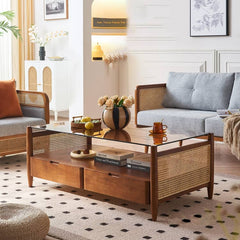 Stylish Brown Rattan Tea Table with Elegant Ash Wood Finish tzm-532