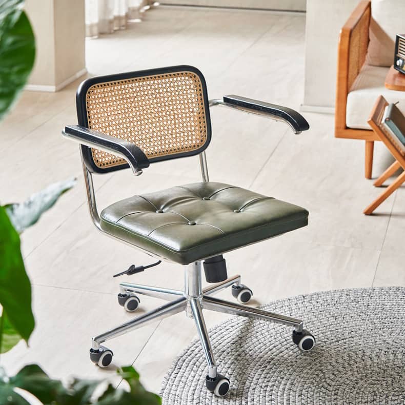 Modern Rattan & Ash Wood Chair with PU Leather and Stainless Steel Accents - Green & Orange Design tzm-551