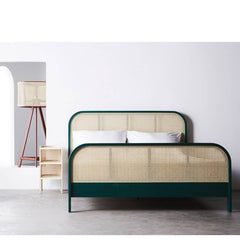 Stylish Bedside Cupboard with Natural Wood, Black and Green Rattan Accents - Oak Wood Finish tzm-554