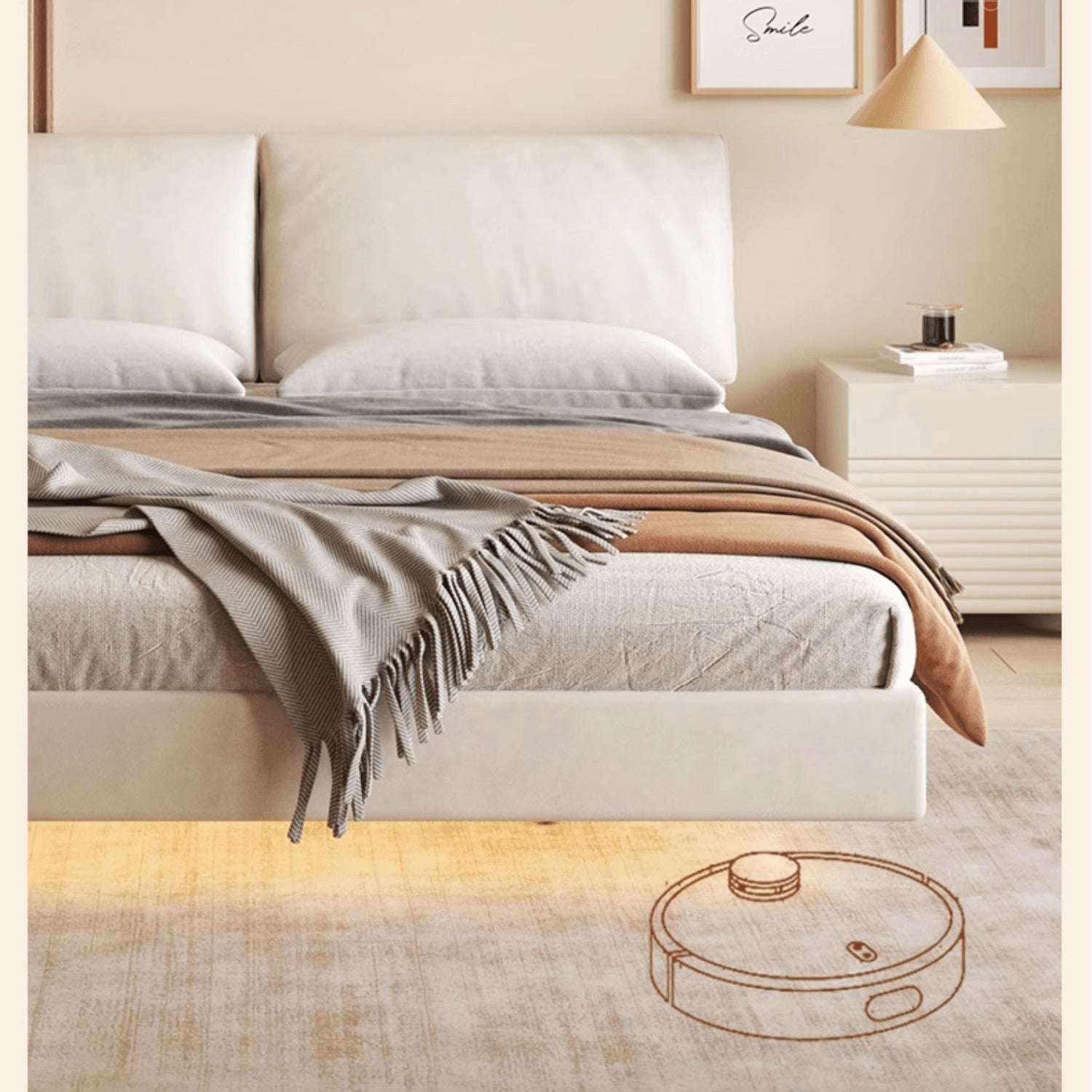 Off White Pine Bed in Premium Techno Fabric for Stylish Comfort yw-208